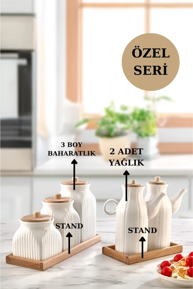 7 Parça Standlı Vakumlu Yağdanlık Ve 3'Lü Çay Şeker Kahve Baharat Seti Ve Türk Kahve Kavanoz Seti - 2