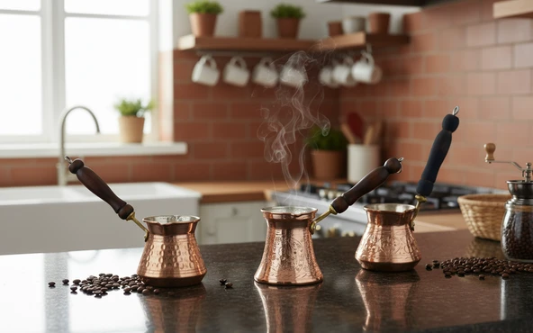 LUDIA Otantik İşlemeli 3 Adet Ahşap Saplı El Yapımı Eskitme Bakır Cezve Set - 5