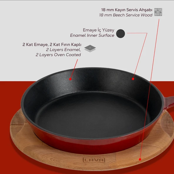 Lava Döküm Yuvarlak Kızartma Tavası Yekpare Saplı Kayın Servis Ahşabı. Çap(Ø)20cm - Resim 6