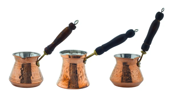 LUDIA Otantik İşlemeli 3 Adet Ahşap Saplı El Yapımı Eskitme Bakır Cezve Set