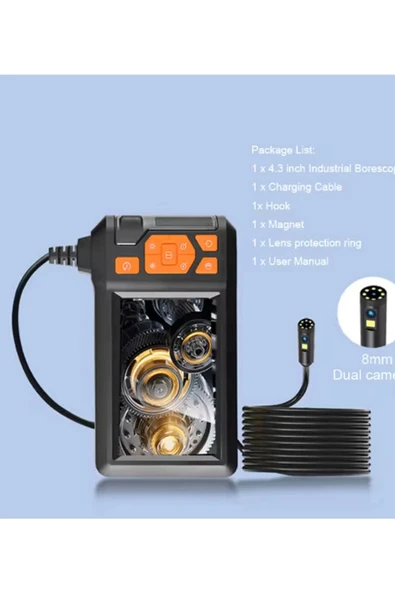 Ekranlı Üç kameralı 10 Mt Hafıza Kart Destekli Sert Kablo Yılan Endoskop Kamera 8 mm 4.3 ınc - 6