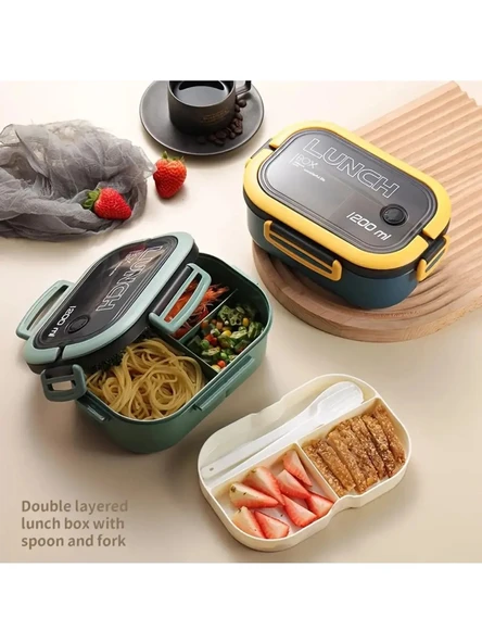Taşınabilir Yemek Kabı Lunch Box 2 Katlı Diyet Beslenme Kutusu Saklama Kabı Çatal Kaşıklı Sefer Tası - 2