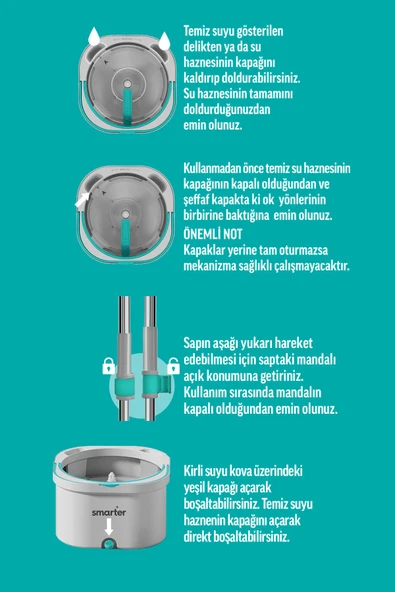 SMARTER Aqua Max Ve Üçgen Aparat Temiz & Kirli Suyu Ayırma Temizlik Seti Mop Paspas Cam Sileceği - 7