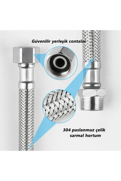 DESIPHON 1/2 Nipelli 70 cm Paslanmaz Çelik Örgülü Flex Hortum - Yüksek Basınca Dayanıklı - 2