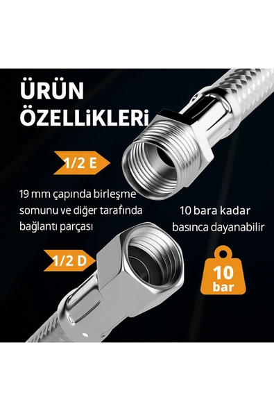 DESIPHON 1/2 Nipelli 70 cm Paslanmaz Çelik Örgülü Flex Hortum - Yüksek Basınca Dayanıklı - 4