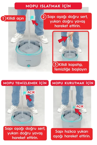 SMARTER Aqua Max Ve Üçgen Aparat Temiz & Kirli Suyu Ayırma Temizlik Seti Mop Paspas Cam Sileceği - 6