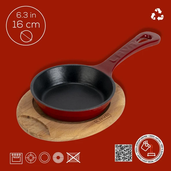 Lava Döküm Yuvarlak Kızartma Tavası Yekpare Saplı Kayın Servis Ahşabı. Çap(Ø)16cm. - Resim 4