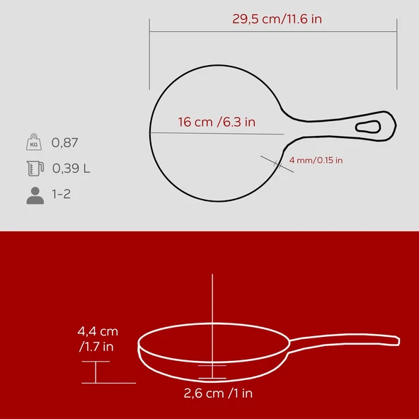 Lava Döküm Yuvarlak Kızartma Tavası Yekpare Saplı. Çap(Ø)16cm.-Bordo - 5
