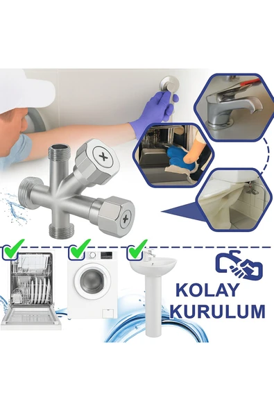 DESIPHON Dual Ara Musluk | Çamaşır & Bulaşık Makinesi Musluğu | 1/2” Giriş, 2 Çıkış, Pirinç Gövde - 4