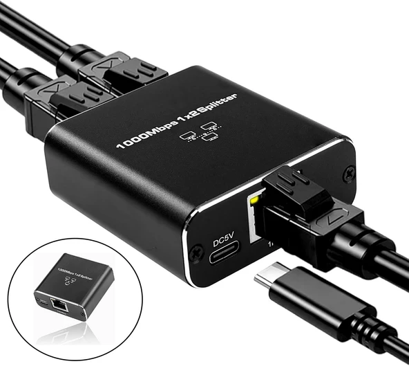 Daytona ZR861 RJ45 Network Splitter Adaptör / 1000Mbps Ethernet Splitter Bilgisayar, Yönlendirici, TV (Gigabit) için USB-C Güç Kablosu ile ürün görseli 1