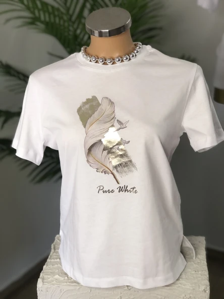 FEATHER -KADIN GİYİM-BİSİKLET YAKA T-SHIRT-DİGİTAL VARAK BASKILI