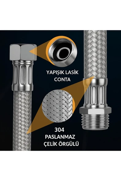 DESIPHON 1/2 Nipelli 70 cm Paslanmaz Çelik Örgülü Flex Hortum - Yüksek Basınca Dayanıklı - 3