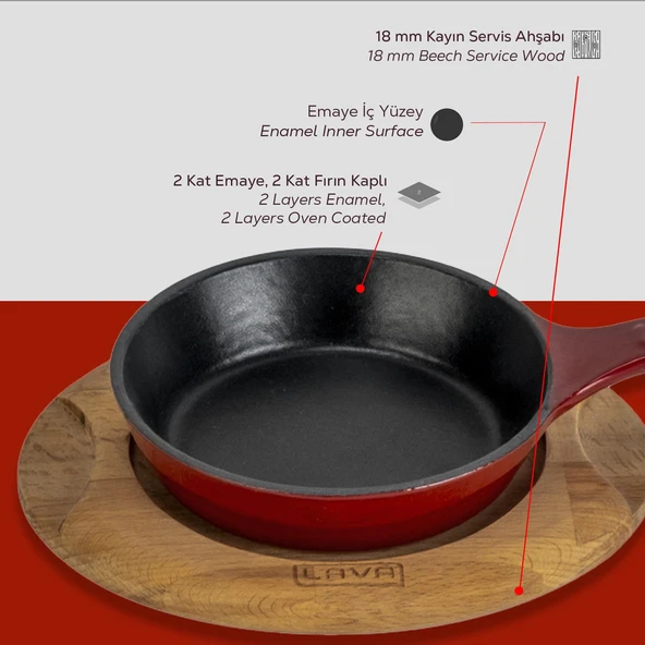 Lava Döküm Yuvarlak Kızartma Tavası Yekpare Saplı Kayın Servis Ahşabı. Çap(Ø)16cm. - Resim 6