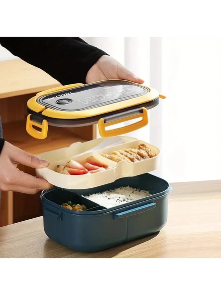 Taşınabilir Yemek Kabı Lunch Box 2 Katlı Diyet Beslenme Kutusu Saklama Kabı Çatal Kaşıklı Sefer Tası - 4