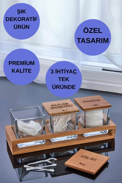 3'Lü Standlı Kulak Pamuğu Pamuk Ve Diş İpi Kavanozu Cam Pamukluk, Dekoratif Banyo Düzenleyici - 3