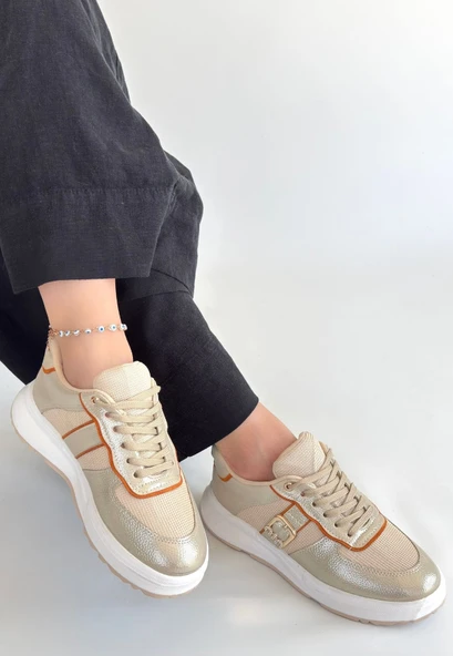 Pabucmarketi Bej Bağcıklı Kadın Spor Ayakkabı - Resim 2