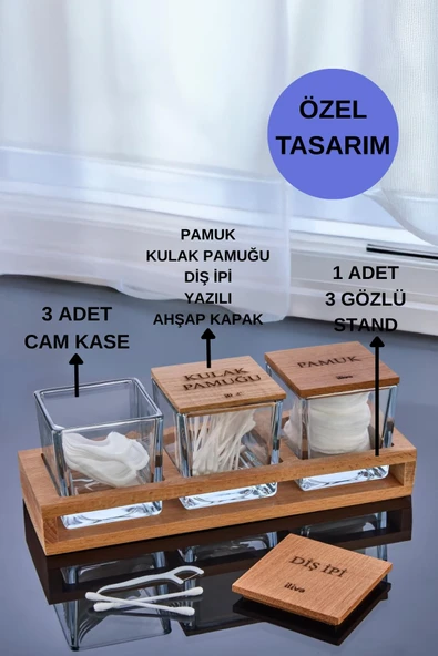 3'Lü Standlı Kulak Pamuğu Pamuk Ve Diş İpi Kavanozu Cam Pamukluk, Dekoratif Banyo Düzenleyici - 2