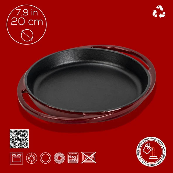 Lava Döküm Yuvarlak Sahan Döküm Demir Yekpare Çift Kulplu Çap(Ø)20cm.-Bordo - Resim 4