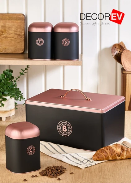 DECOREV EKMEK SAKLAMA KABI VE 3LÜ  BAHARATLIK SETİ SİYAH ürün görseli