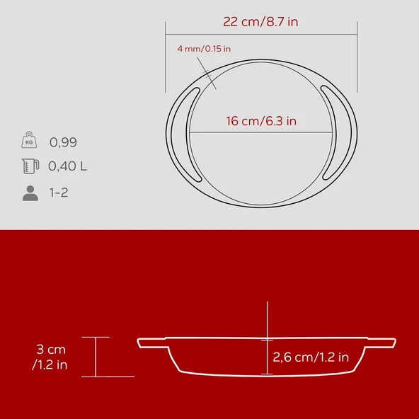 Lava Döküm Yuvarlak Sahan Döküm Demir Yekpare Çift Kulplu Çap(Ø)16cm.-Bordo - Resim 5