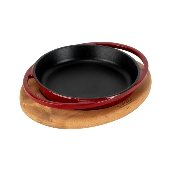 Lava Döküm Yuvarlak Sahan Döküm Demir Yekpare Çift Kulplu Kayın Servis Ahşabı Çap(Ø)16cm.-Bordo - Resim 2