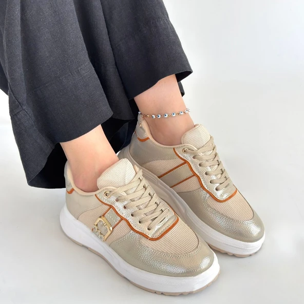 Pabucmarketi Bej Bağcıklı Kadın Spor Ayakkabı - Resim 4