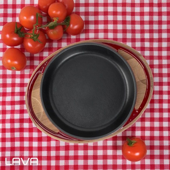 Lava Döküm Yuvarlak Sahan Döküm Demir Yekpare Çift Kulplu Kayın Servis Ahşabı Çap(Ø)16cm.-Bordo - Resim 7