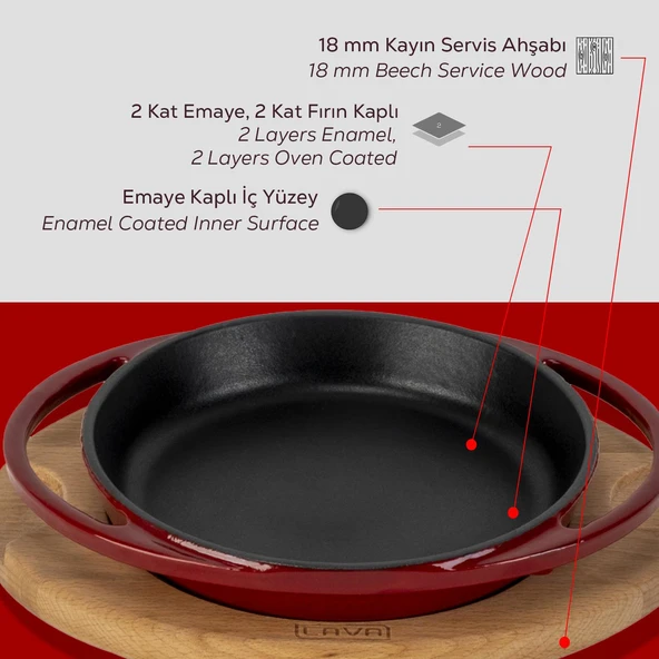 Lava Döküm Yuvarlak Sahan Döküm Demir Yekpare Çift Kulplu Kayın Servis Ahşabı Çap(Ø)16cm.-Bordo - Resim 6
