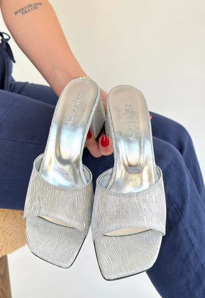 Pabucmarketi Gümüş Simli Kadın Topuklu Terlik - 2