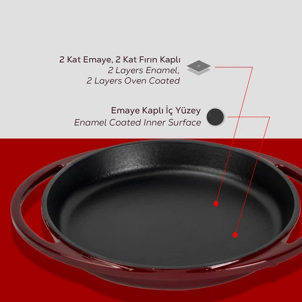 Lava Döküm Yuvarlak Sahan Döküm Demir Yekpare Çift Kulplu Çap(Ø)20cm.-Bordo - Resim 6