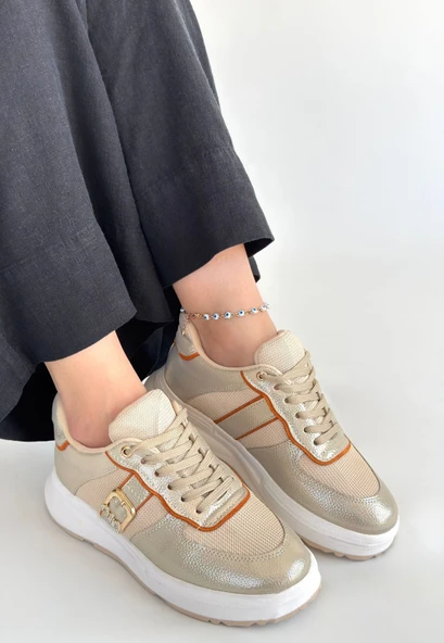 Pabucmarketi Bej Bağcıklı Kadın Spor Ayakkabı - Resim 3