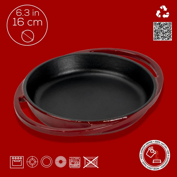 Lava Döküm Yuvarlak Sahan Döküm Demir Yekpare Çift Kulplu Çap(Ø)16cm.-Bordo - Resim 4