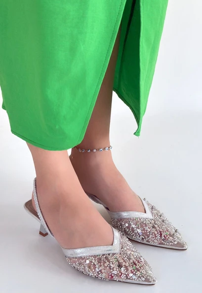 Pabucmarketi Gümüş Saten Kadın Topuklu Ayakkabı ürün görseli 1