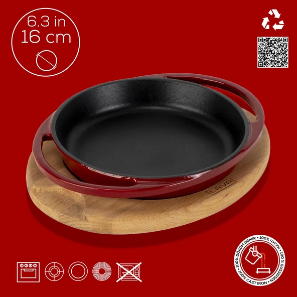 Lava Döküm Yuvarlak Sahan Döküm Demir Yekpare Çift Kulplu Kayın Servis Ahşabı Çap(Ø)16cm.-Bordo - Resim 4