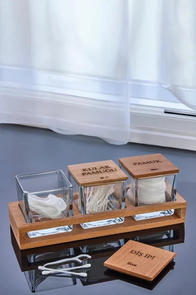 3'Lü Standlı Kulak Pamuğu Pamuk Ve Diş İpi Kavanozu Cam Pamukluk, Dekoratif Banyo Düzenleyici