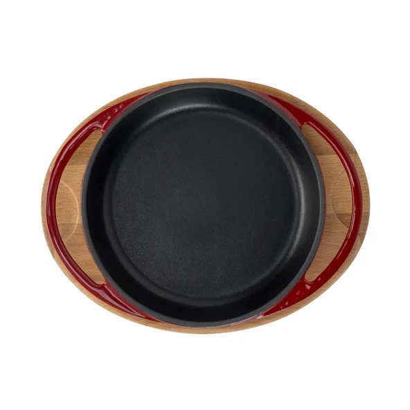 Lava Döküm Yuvarlak Sahan Döküm Demir Yekpare Çift Kulplu Kayın Servis Ahşabı Çap(Ø)16cm.-Bordo - Resim 3