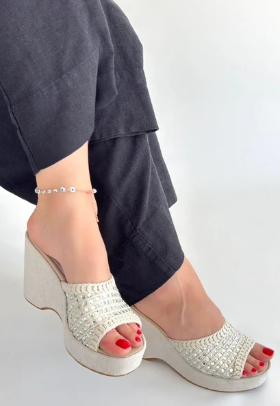 Pabucmarketi Bej Triko Kadın Dolgu Topuk Terlik - 2