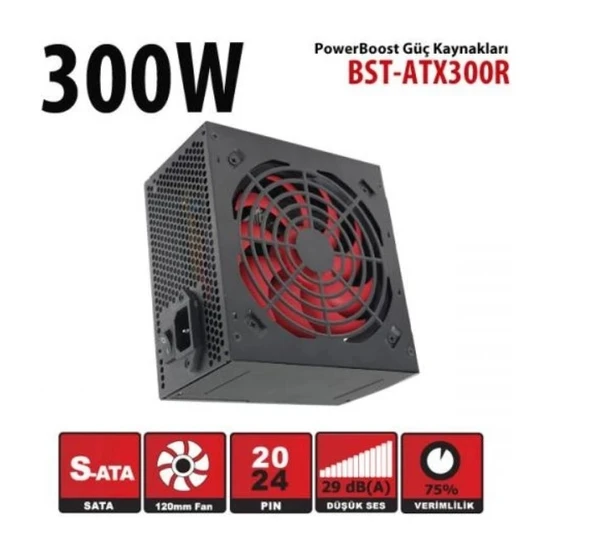 PowerBoost BST-ATX300R 300w, PPFC 12cm Kırmızı Fanlı ATX PSU (Retail Box) - 1