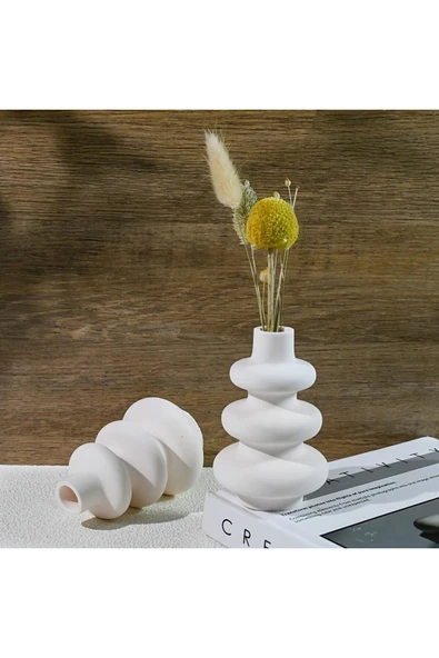 DEKOPOR Modern & Minimal 2'li Seramik Vazo Seti | Beyaz