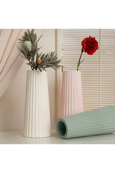 DEKOPOR Modern Seramik Dekoratif Vazo | Çizgili Minimal Tasarım
