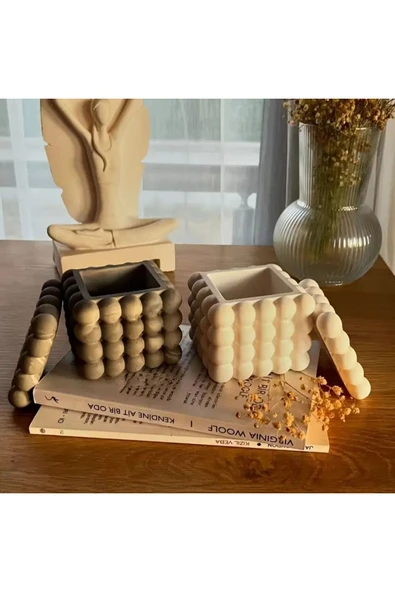 DEKOPOR Bubble Kare Beton Saksı & Kalemlik - Modern Minimalist Dekoratif Organizer - 4