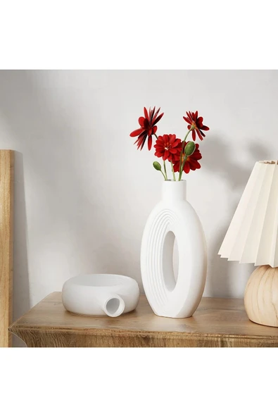 DEKOPOR Roa El Yapımı Taş Tozu Dekoratif Vazo Seti 2’li – Beyaz / İskandinav Stil