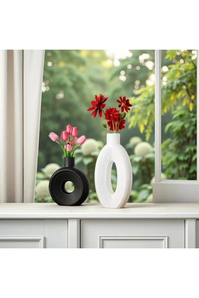 DEKOPOR Roa El Yapımı Taş Tozu Dekoratif Vazo Seti 2’li – Siyah-Beyaz / İskandinav Stil - 5