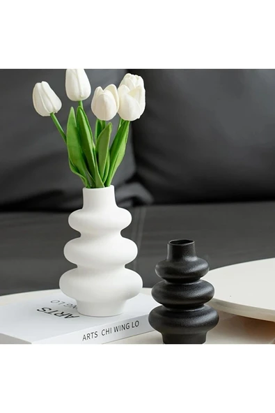 DEKOPOR Modern & Minimal 2'li Seramik Vazo Seti | Beyaz - 6