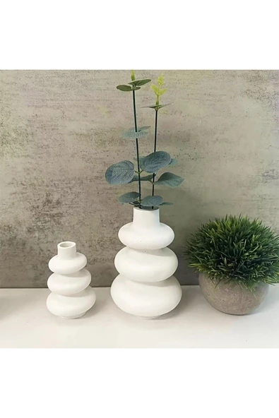 DEKOPOR Modern & Minimal 2'li Seramik Vazo Seti | Beyaz - 5