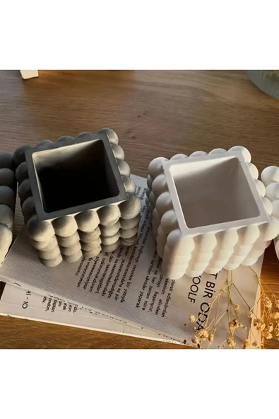 DEKOPOR Bubble Kare Beton Saksı & Kalemlik - Modern Minimalist Dekoratif Organizer - 2