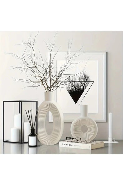 DEKOPOR Roa El Yapımı Taş Tozu Dekoratif Vazo Seti 2’li – Beyaz / İskandinav Stil - 2