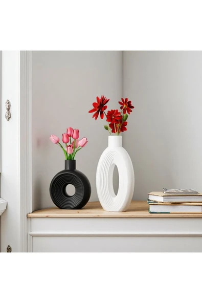 DEKOPOR Roa El Yapımı Taş Tozu Dekoratif Vazo Seti 2’li – Siyah-Beyaz / İskandinav Stil - 3