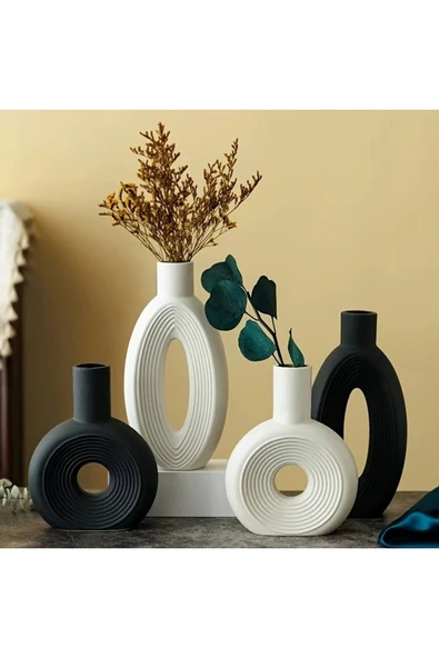 DEKOPOR Roa El Yapımı Taş Tozu Dekoratif Vazo Seti 2’li – Beyaz / İskandinav Stil - 3