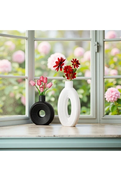 DEKOPOR Roa El Yapımı Taş Tozu Dekoratif Vazo Seti 2’li – Siyah-Beyaz / İskandinav Stil - 8